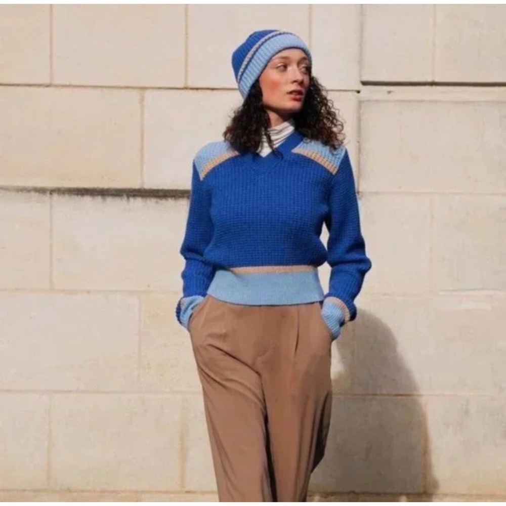 Marni x Uniqlo Women's XL Blue Waffle Knit V-Neck Colorblock Sweater Wool Blend